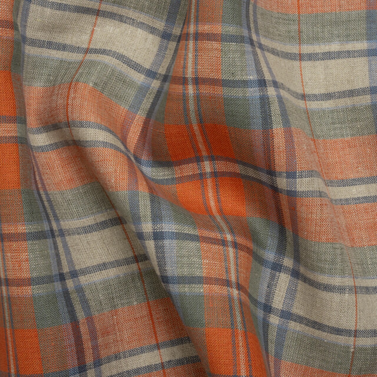 1 Yard Medium Weight Linen Woven Orange, Blue and Beige Plaid